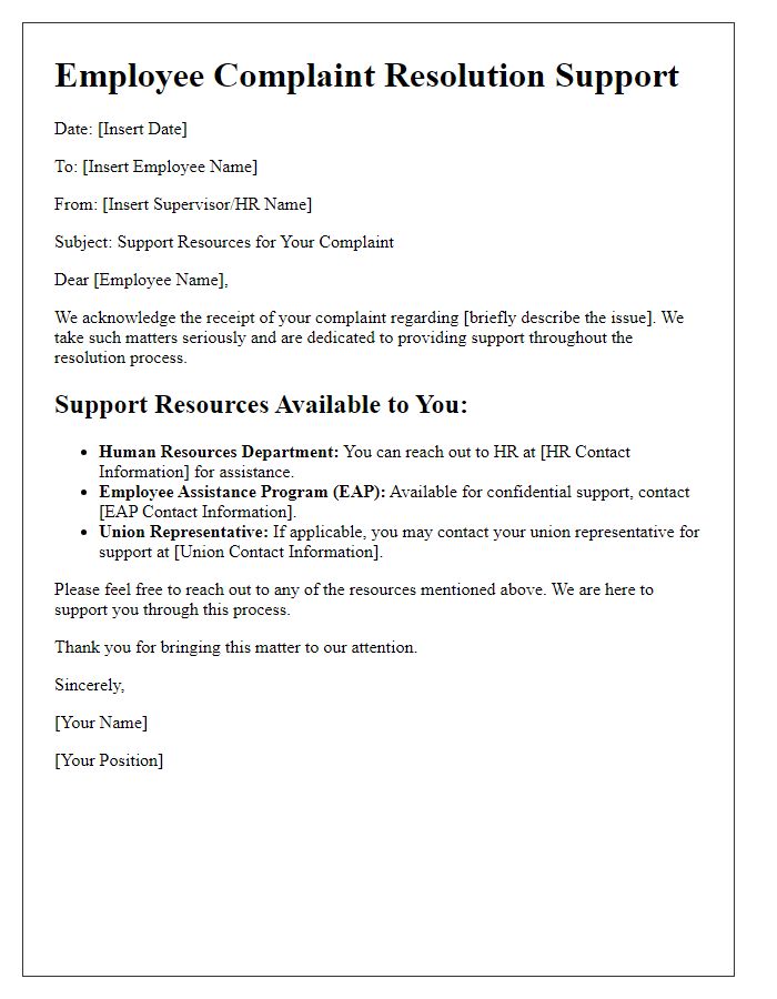 Letter template of employee complaint resolution support resources