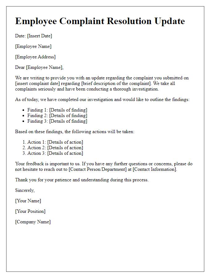 Letter template of employee complaint resolution update