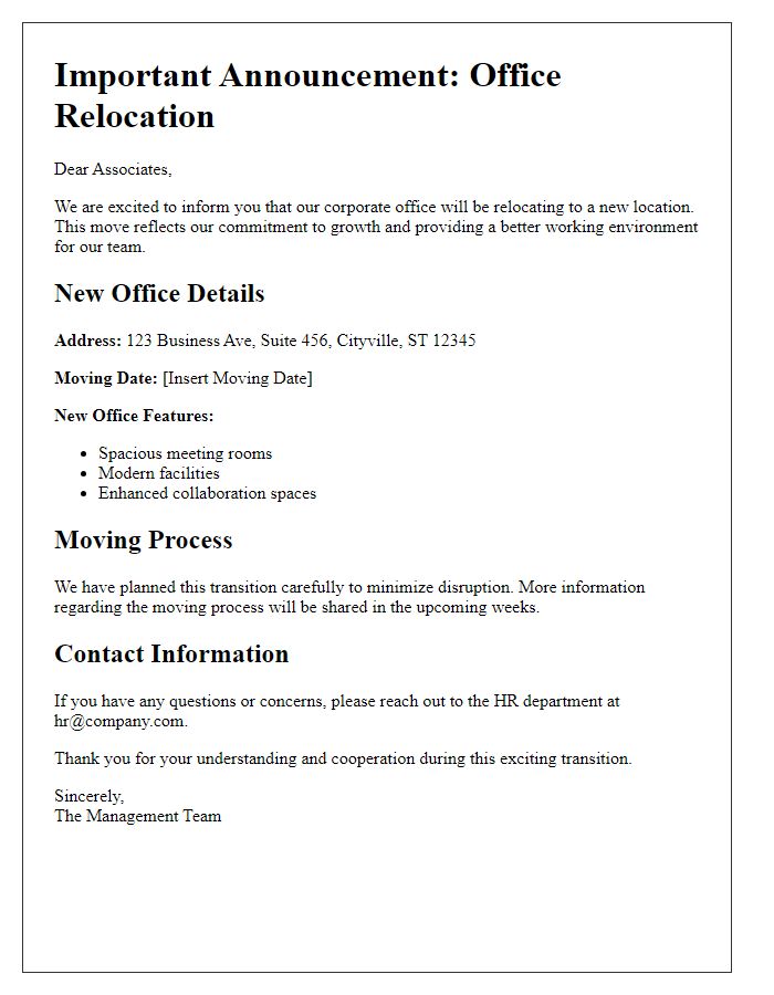 Letter template of corporate office relocation information for associates