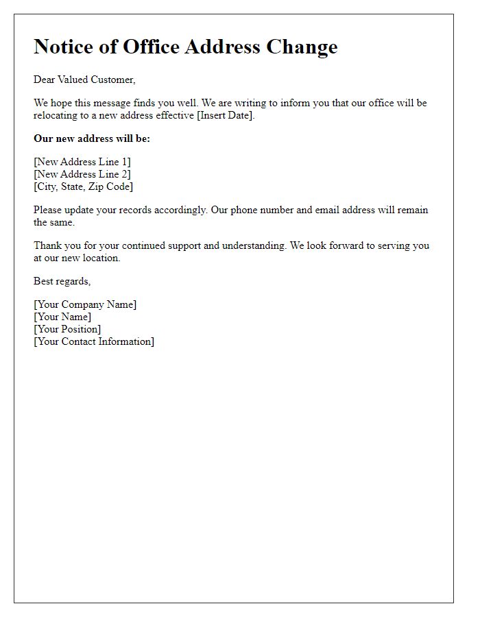 Letter template of office address change update for customers