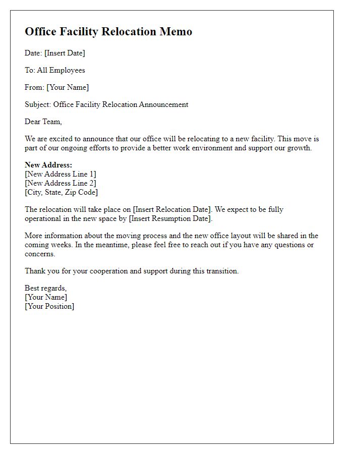 Letter template of office facility relocation memo to team