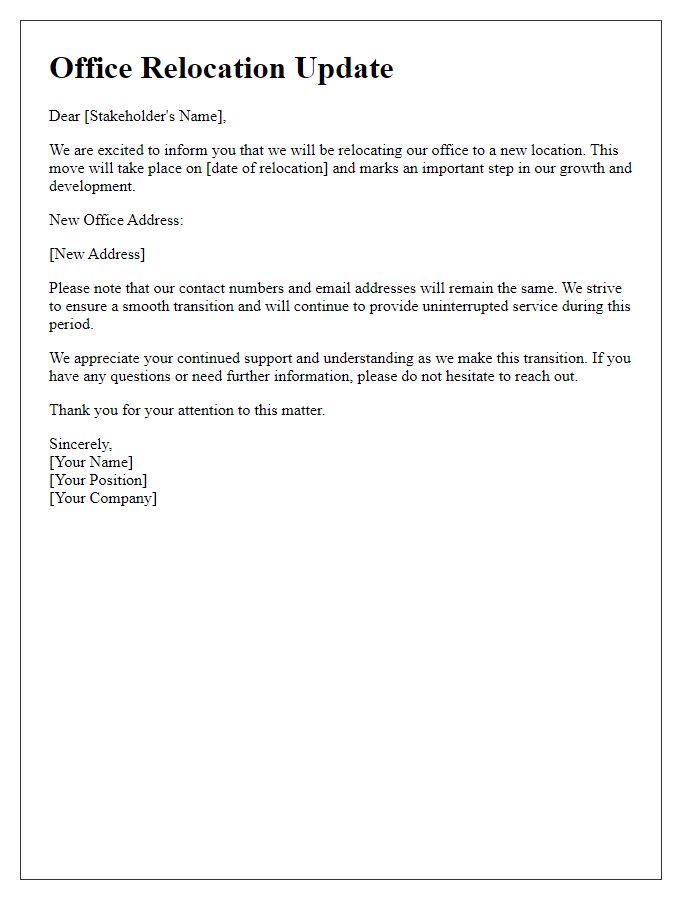 Letter template of office relocation update for stakeholders