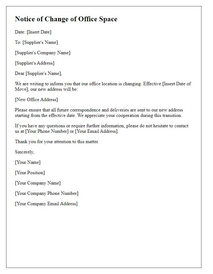 Letter template of office space change notice to suppliers