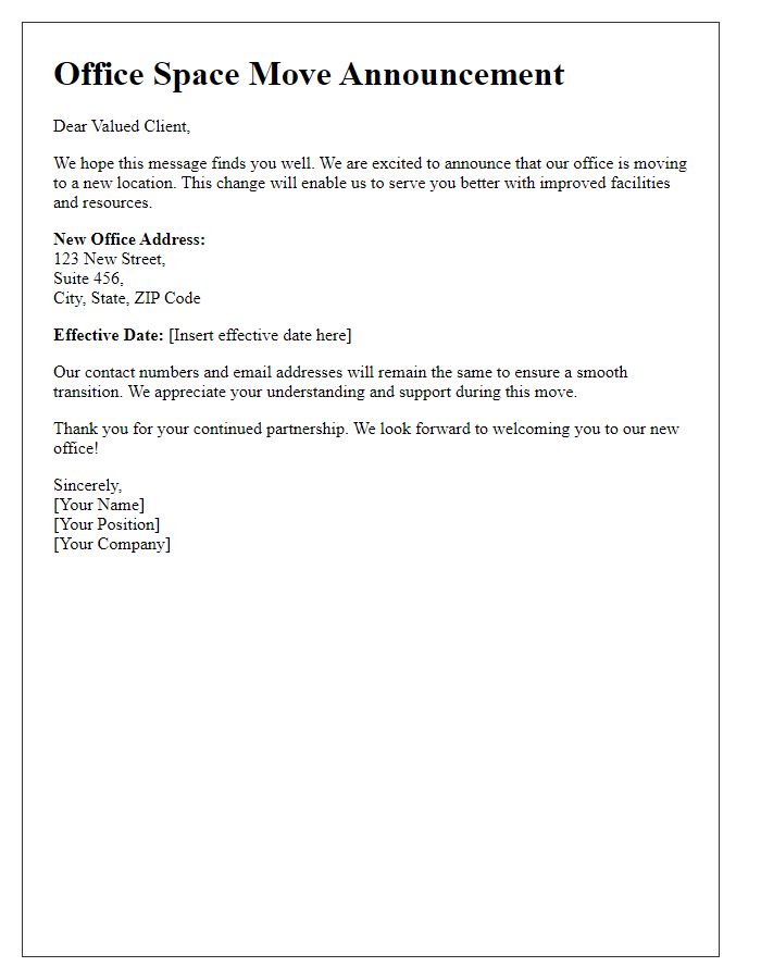 Letter template of office space move announcement to clients