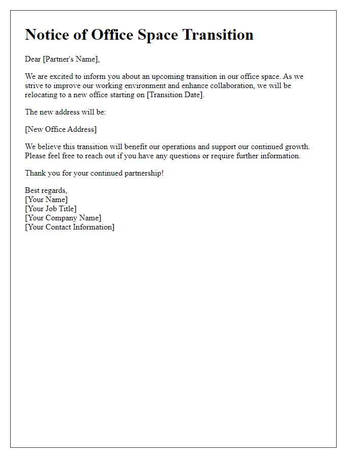 Letter template of upcoming office space transition for partners
