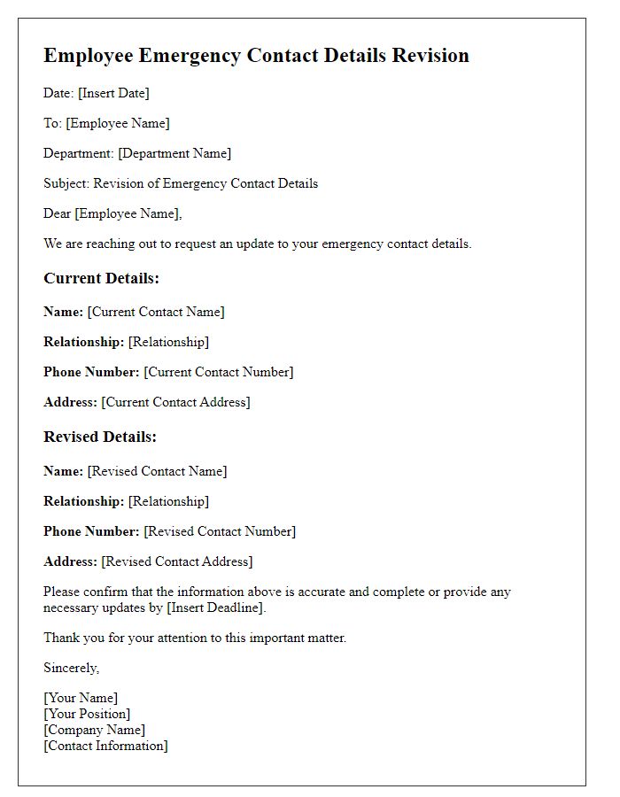 Letter template of employee emergency contact details revision