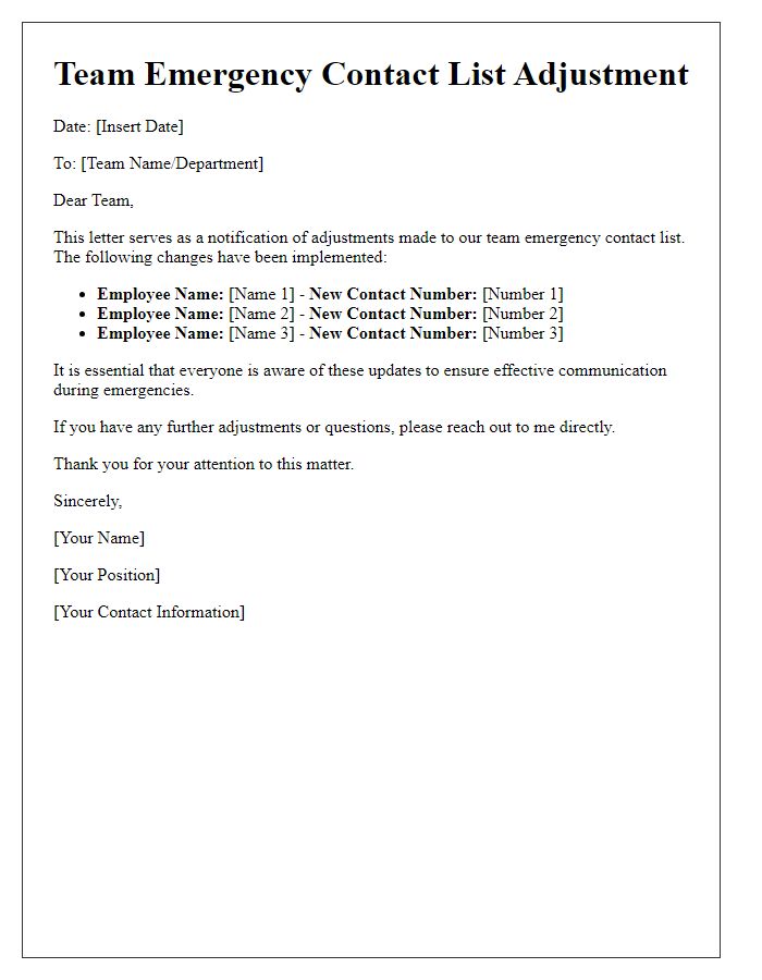 Letter template of team emergency contact list adjustment