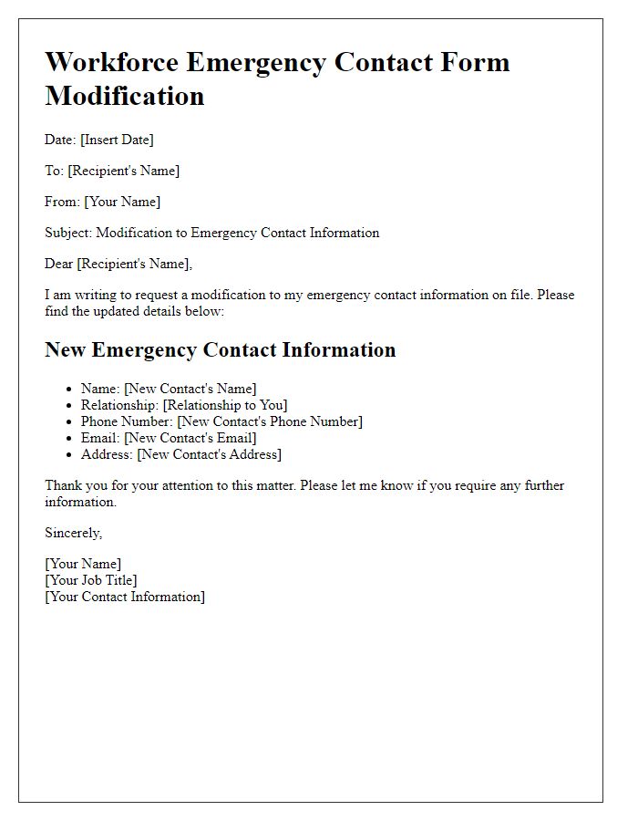 Letter template of workforce emergency contact form modification