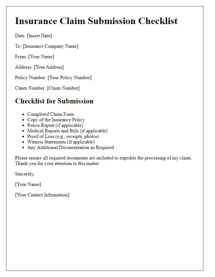 Letter template of checklist for insurance claim submission.