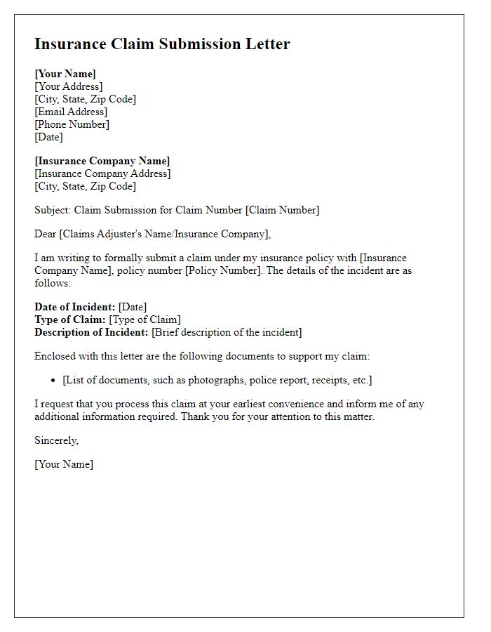 Letter template of a format for submitting an insurance claim.