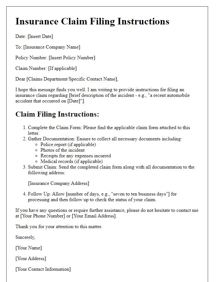 Letter template of insurance claim filing instructions.