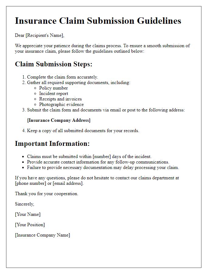 Letter template of insurance claim submission guidelines.