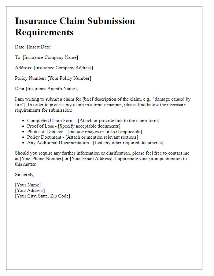 Letter template of insurance claim submission requirements.