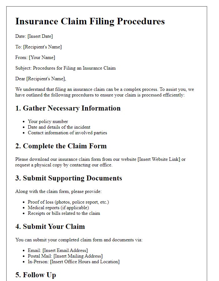 Letter template of procedures for filing an insurance claim.