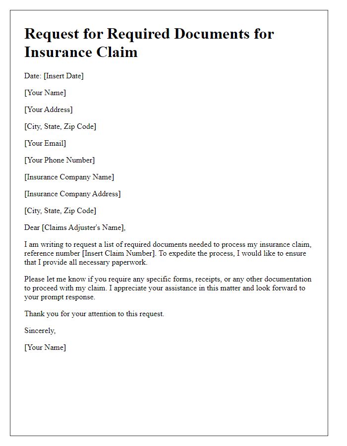 Letter template of required documents for insurance claim.