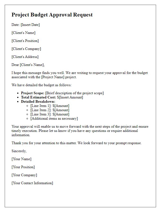 Letter template of project budget approval request for client approval.