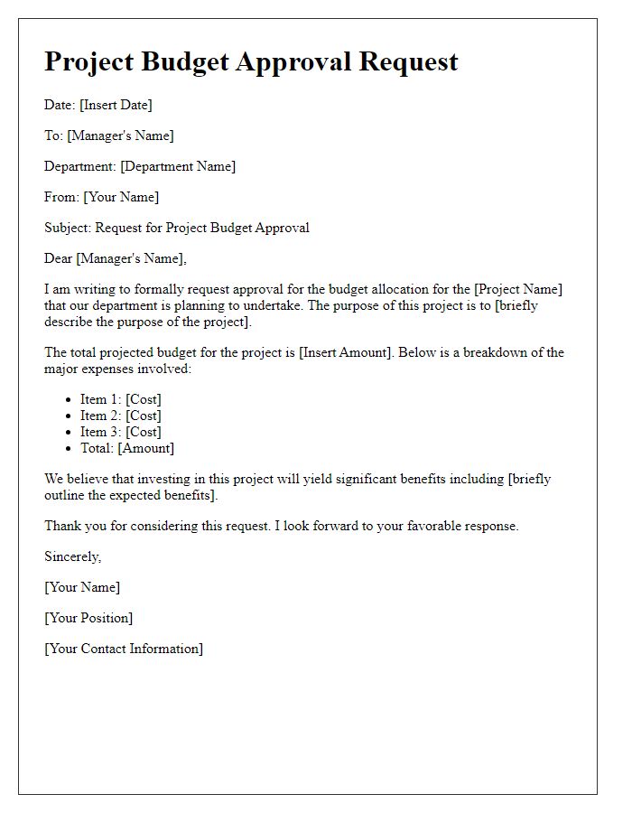 Letter template of project budget approval request for departmental allocation.