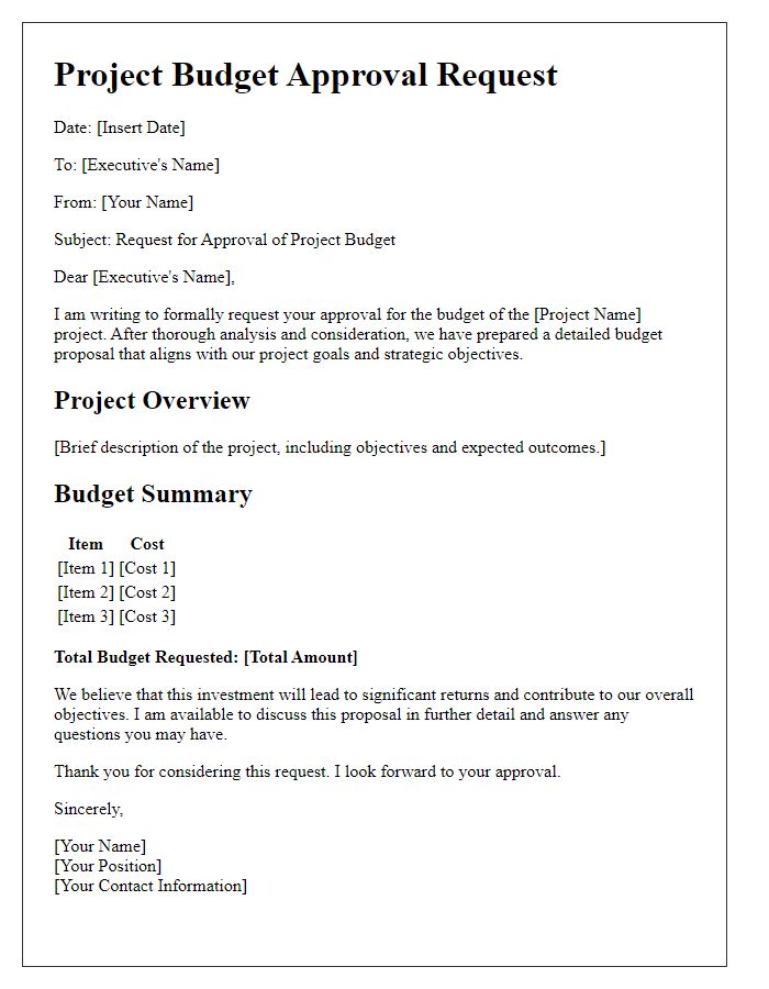 Letter template of project budget approval request for executive review.