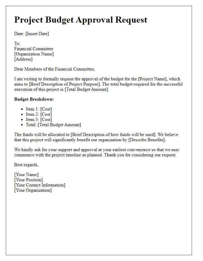 Letter template of project budget approval request for financial committee.