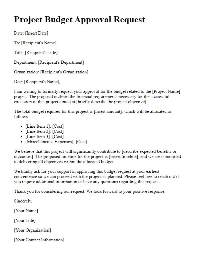 Letter template of project budget approval request for funding proposal.