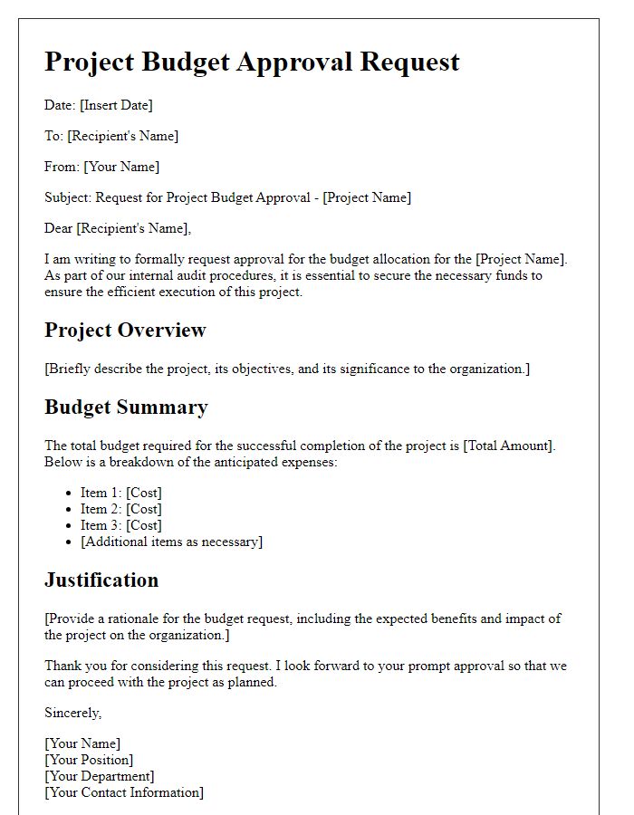 Letter template of project budget approval request for internal audit.