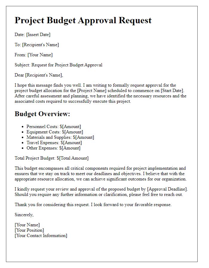 Letter template of project budget approval request for resource allocation.