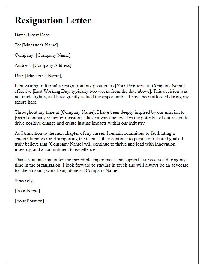 Letter template of executive resignation addressing company vision