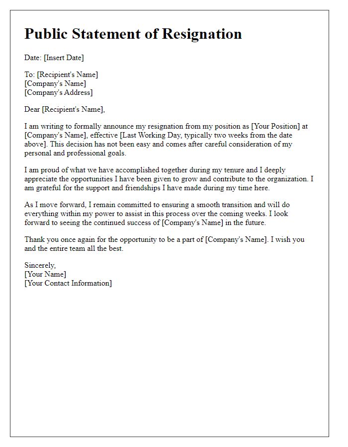 Letter template of executive resignation for public statement