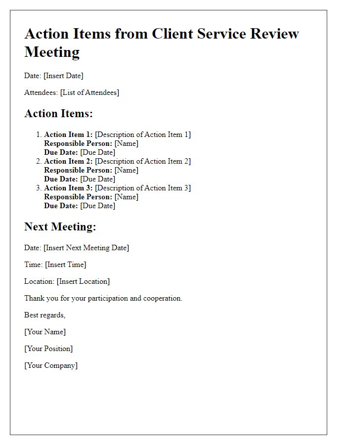 Letter template of action items from client service review meeting