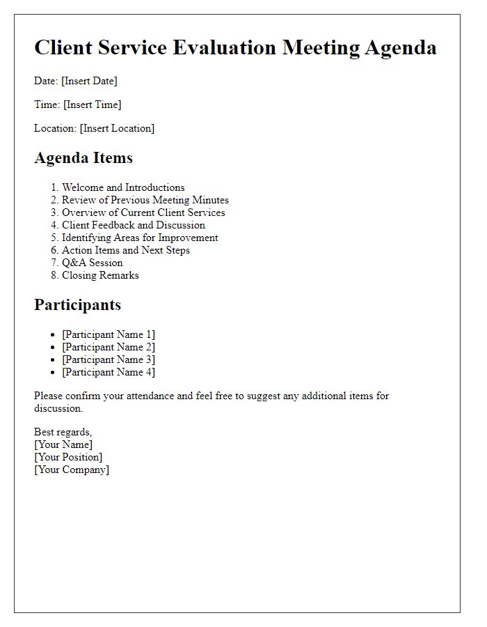 Letter template of agenda for client service evaluation meeting