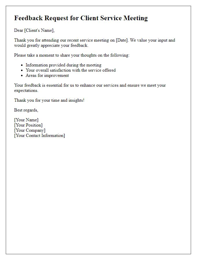 Letter template of feedback request for client service meeting