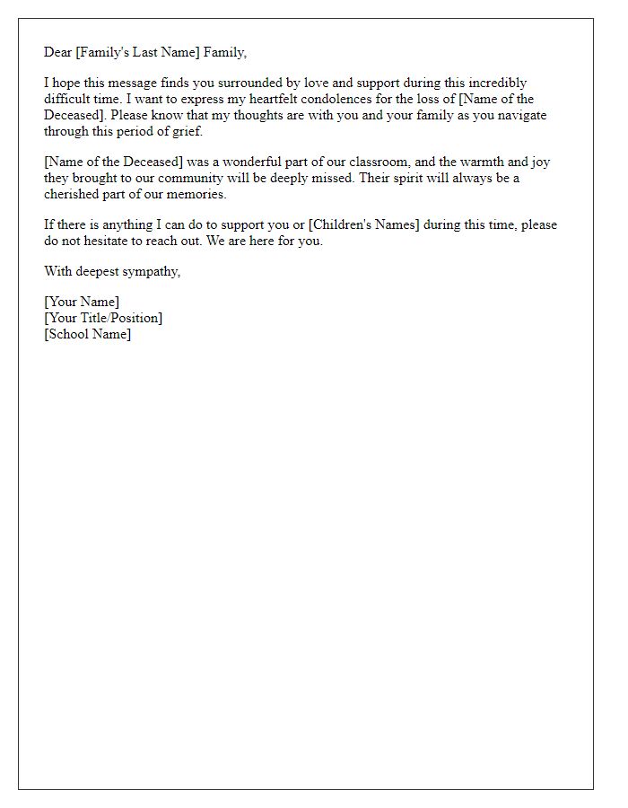 Letter template of acknowledgment from a teacher recognizing the family's grief.