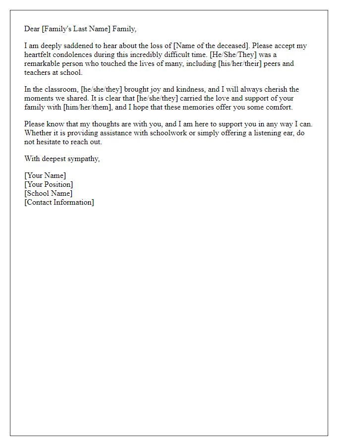 Letter template of compassion from a teacher expressing sorrow for a family's loss.