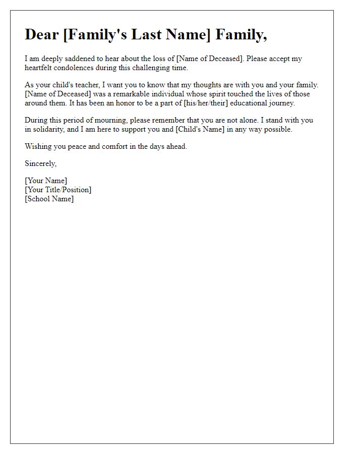 Letter template of solidarity from a teacher standing with a family in mourning.