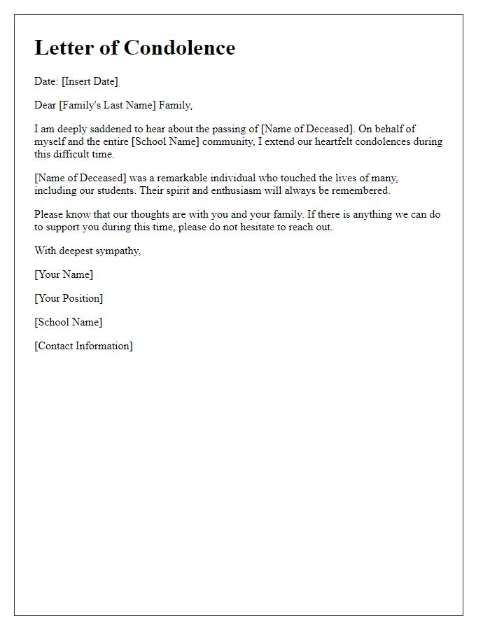 Letter template of support from a teacher extending condolences to a bereaved family.