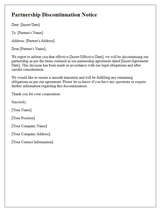 Letter template of partnership discontinuation notice for compliance with legal requirements.