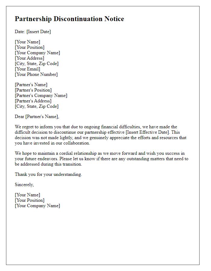 Letter template of partnership discontinuation notice due to financial reasons.