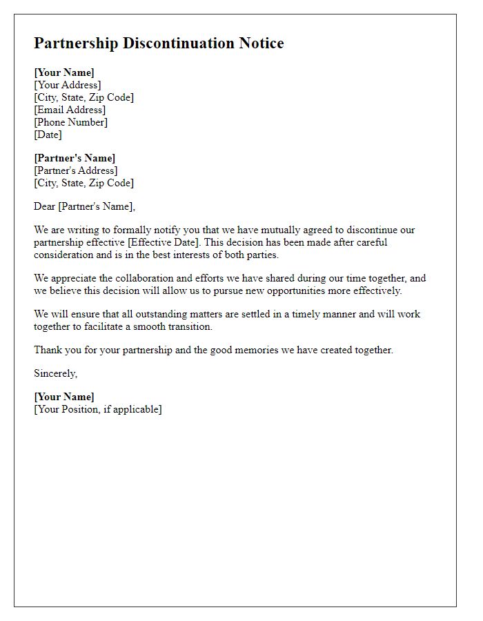 Letter template of partnership discontinuation notice for mutual agreement.