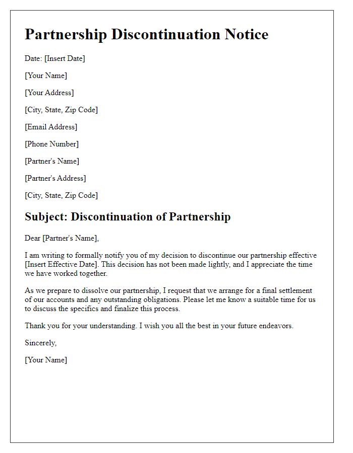 Letter template of partnership discontinuation notice with a request for final settlement.