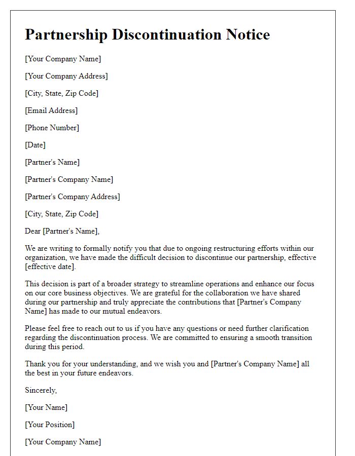 Letter template of partnership discontinuation notice for restructuring purposes.