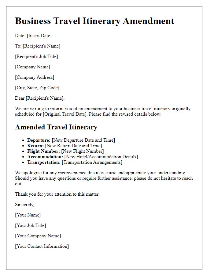 Letter template of business travel itinerary amendment