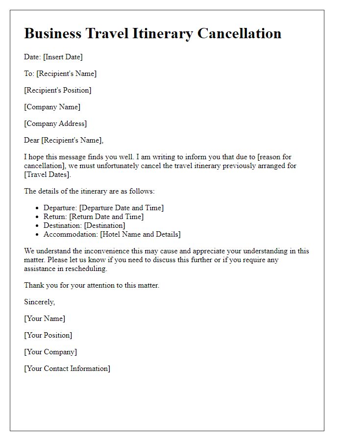 Letter template of business travel itinerary cancellation