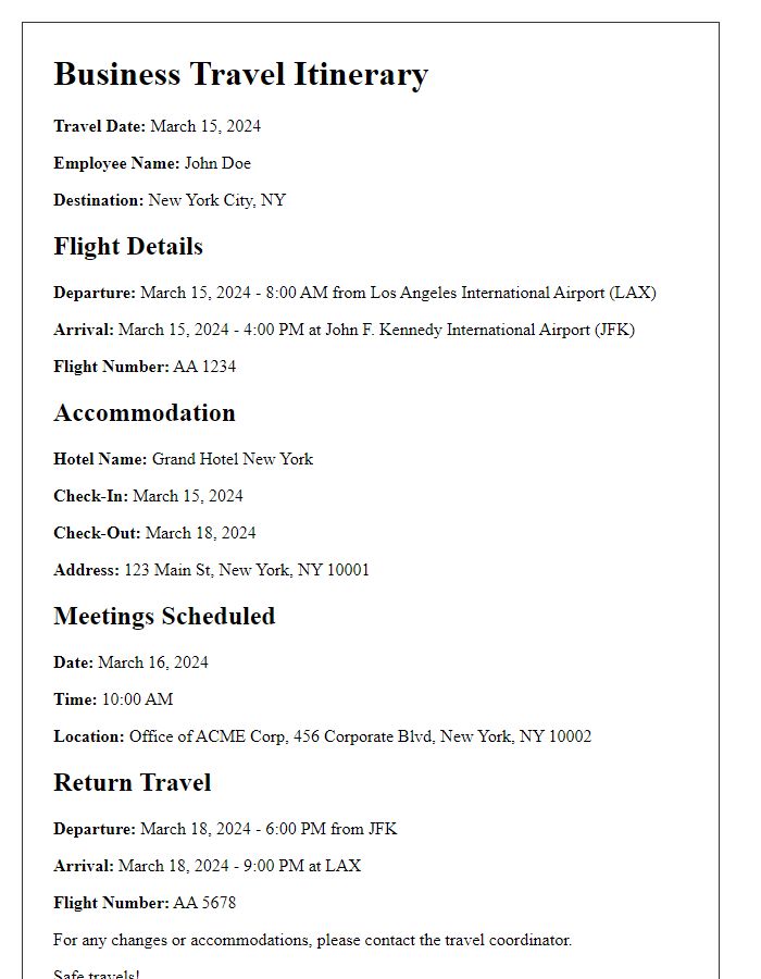 Letter template of business travel itinerary details