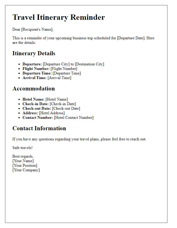 Letter template of business travel itinerary reminder