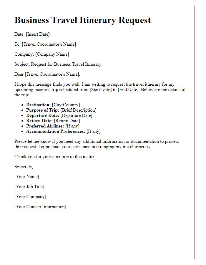 Letter template of business travel itinerary request