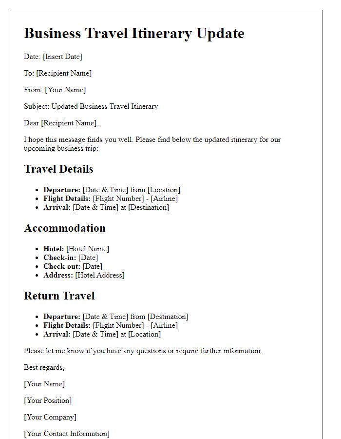 Letter template of business travel itinerary update