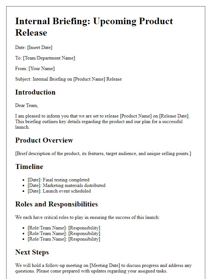 Letter template of internal briefing on product release