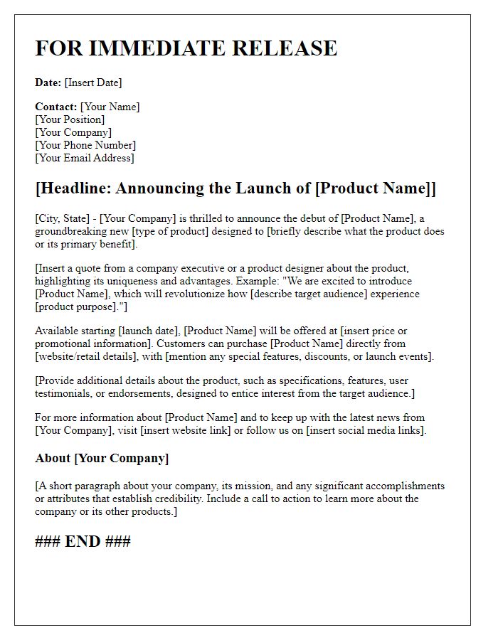 Letter template of press release for product debut