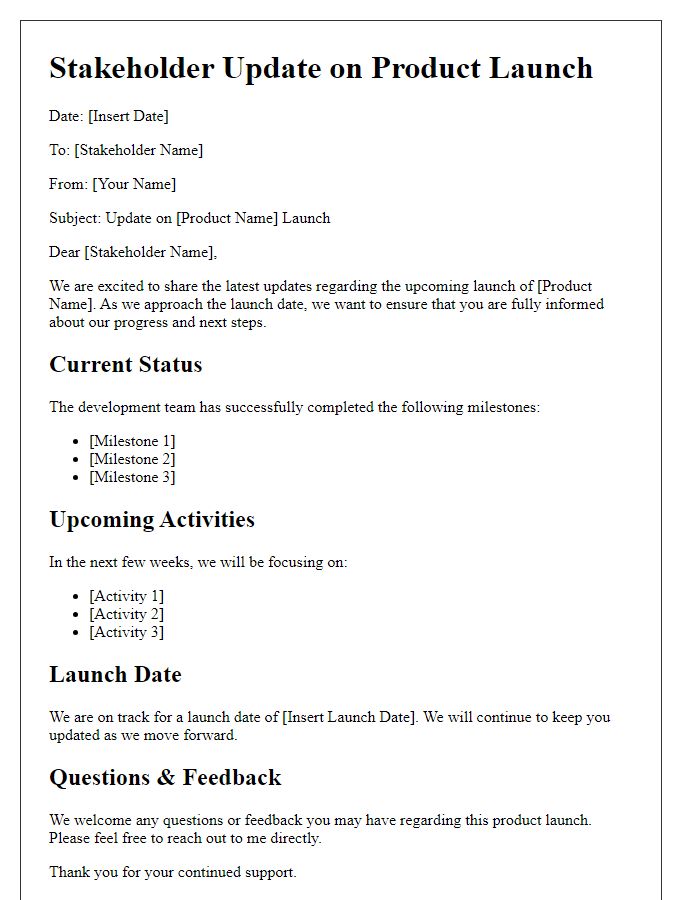 Letter template of stakeholder update on product launch