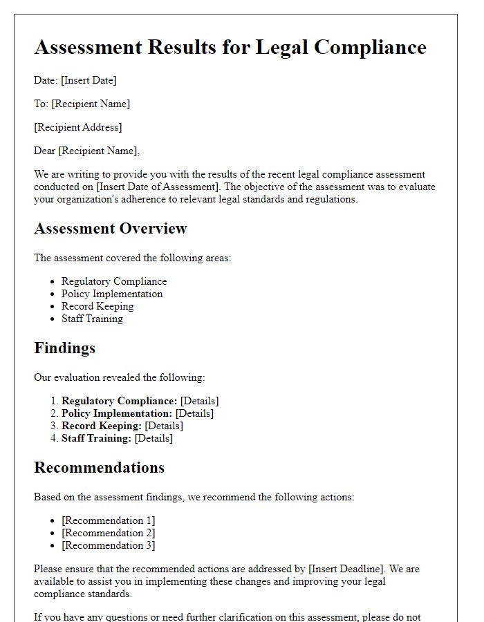 Letter template of assessment results for legal compliance